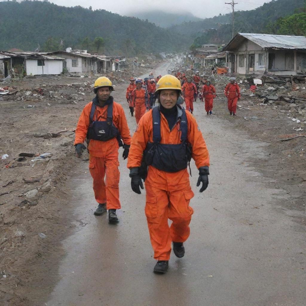 In the aftermath of the tsunami, teams of rescue workers arrive at the village. Amidst the destroyed surroundings, they commence the evacuation process, providing a glimmer of hope in the face of adversity