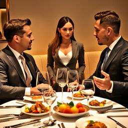 A young woman standing confidently behind two men in sharp suits, who are engaged in a serious discussion at a stylish dining table