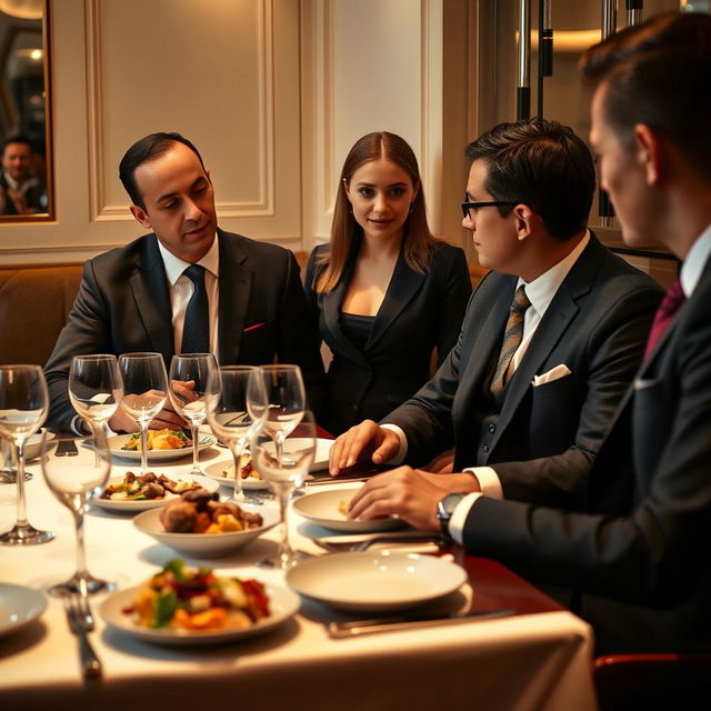 A young woman standing confidently behind two men in sharp suits, who are engaged in a serious discussion at a stylish dining table