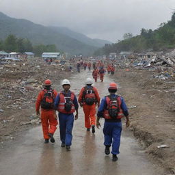 In the aftermath of the tsunami, teams of rescue workers arrive at the village. Amidst the destroyed surroundings, they commence the evacuation process, providing a glimmer of hope in the face of adversity