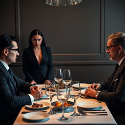 A young woman with an intense and angry expression standing behind two men in sharp suits, who are engaged in a serious discussion at a chic dining table