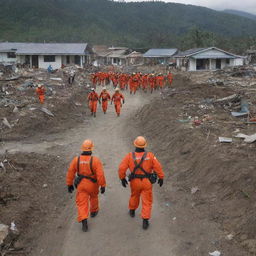 In the aftermath of the tsunami, teams of rescue workers arrive at the village. Amidst the destroyed surroundings, they commence the evacuation process, providing a glimmer of hope in the face of adversity