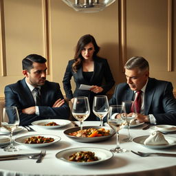 A young woman with an intense and angry expression standing behind two men in sharp suits, who are engaged in a serious discussion at a chic dining table