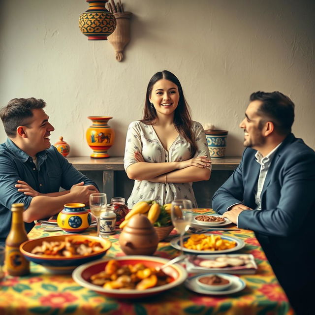 A young woman standing confidently in front of two men engaged in a lively conversation at a dining table inspired by Spanish culture