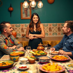 A young woman standing confidently in front of two men engaged in a lively conversation at a dining table inspired by Spanish culture