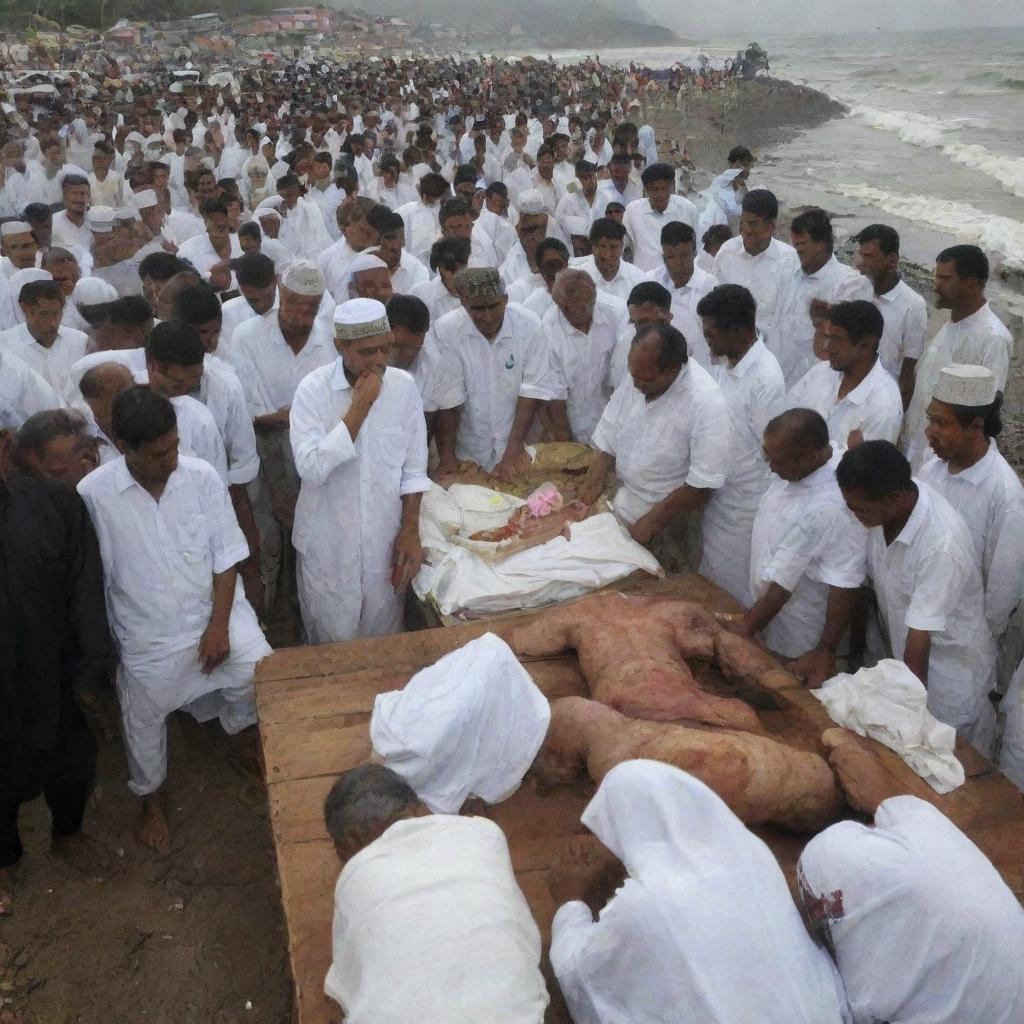 Sadly, many perish due to the tsunami's fury. The Muslim villagers, in a display of deep respect and unity, shoulder the responsibility of carrying the bodies of the deceased, readying themselves for the solemn goodbye