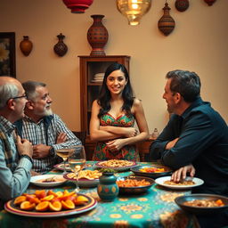 A young woman standing confidently in front of two men engaged in a lively conversation at a dining table inspired by Spanish culture