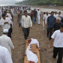 Sadly, many perish due to the tsunami's fury. The Muslim villagers, in a display of deep respect and unity, shoulder the responsibility of carrying the bodies of the deceased, readying themselves for the solemn goodbye