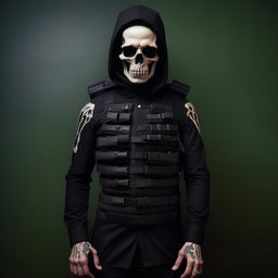 A kidnapper commander draped in a black suit styled like a skeleton, layered with a robust bullet-proof vest, showcasing an eerie and menacing presence.