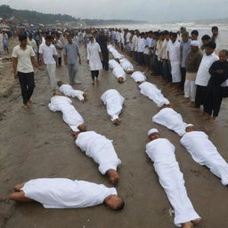 Sadly, many perish due to the tsunami's fury. The Muslim villagers, in a display of deep respect and unity, shoulder the responsibility of carrying the bodies of the deceased, readying themselves for the solemn goodbye