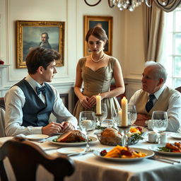 A woman standing elegantly in front of a young man who is engaged in conversation with an old man at a classic British dining table, reminiscent of historical British times