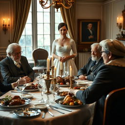 A woman standing elegantly in front of a young man who is engaged in conversation with an old man at a classic British dining table, reminiscent of historical British times