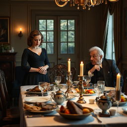 A woman standing elegantly in front of a young man who is engaged in conversation with an old man at a classic British dining table, reminiscent of historical British times