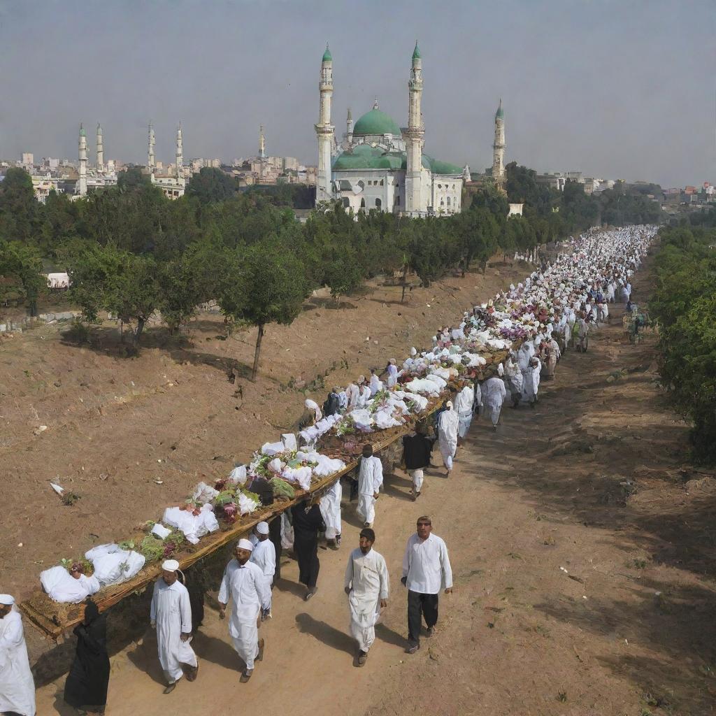 The Muslim villagers carry the bodies of the deceased to the cemetery located beside the resilient mosque. This somber procession, under the shadow of the mosque's minarets, echoes the community's strength in face of adversity