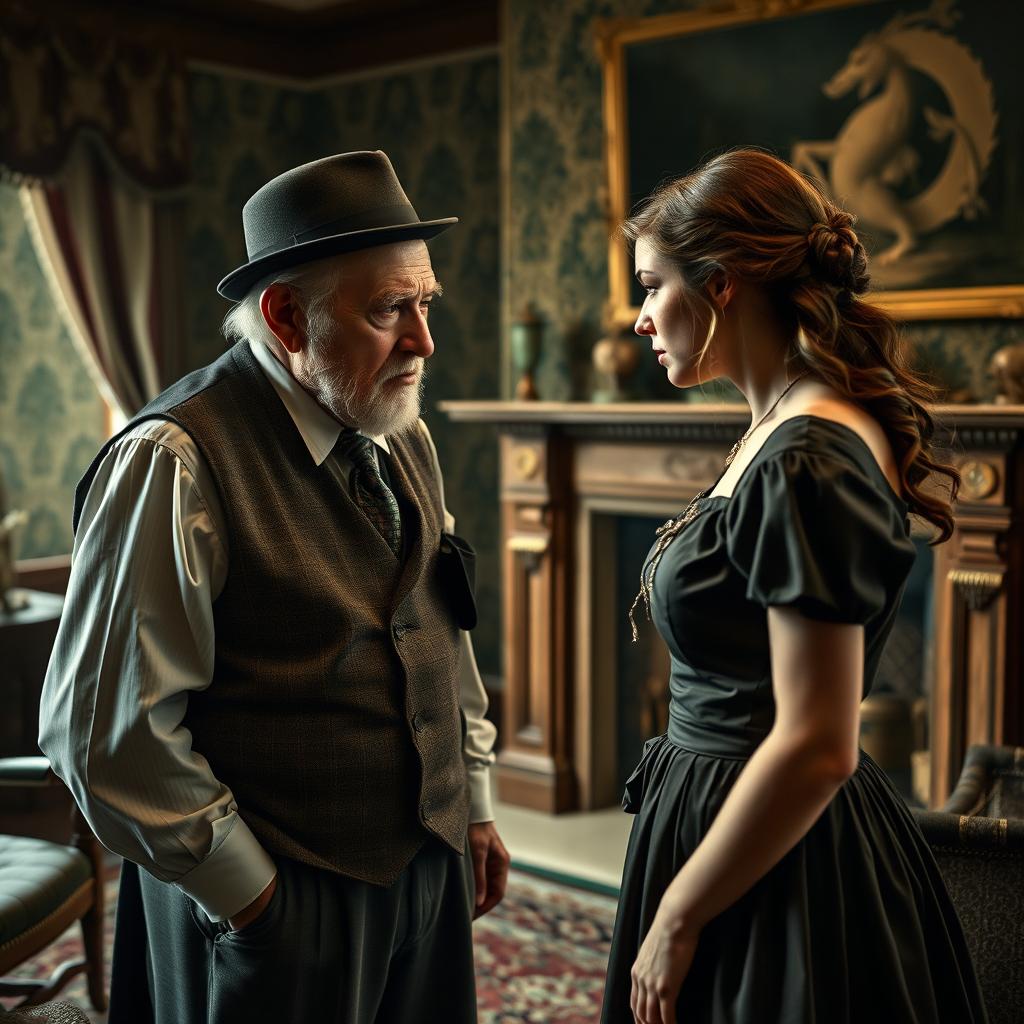 An old man with a stern expression scolding a young woman in a setting reminiscent of British times