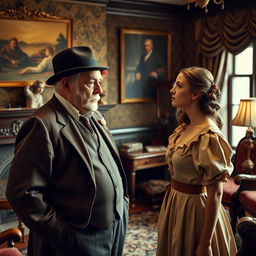 An old man with a stern expression scolding a young woman in a setting reminiscent of British times