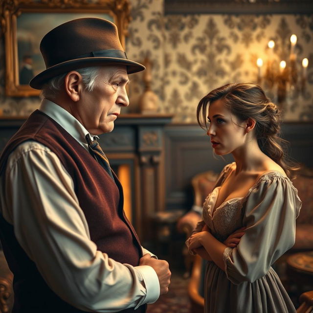 An old man with a stern expression scolding a young woman in a setting reminiscent of British times