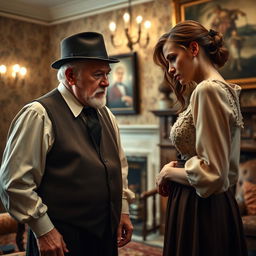 An old man with a stern expression scolding a young woman in a setting reminiscent of British times