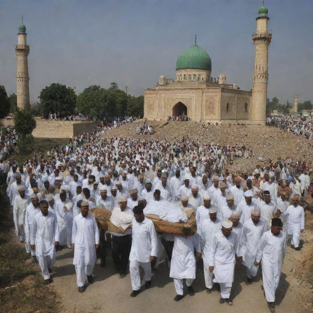 The Muslim villagers carry the bodies of the deceased to the cemetery located beside the resilient mosque. This somber procession, under the shadow of the mosque's minarets, echoes the community's strength in face of adversity