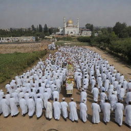 The Muslim villagers carry the bodies of the deceased to the cemetery located beside the resilient mosque. This somber procession, under the shadow of the mosque's minarets, echoes the community's strength in face of adversity