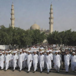 The Muslim villagers carry the bodies of the deceased to the cemetery located beside the resilient mosque. This somber procession, under the shadow of the mosque's minarets, echoes the community's strength in face of adversity