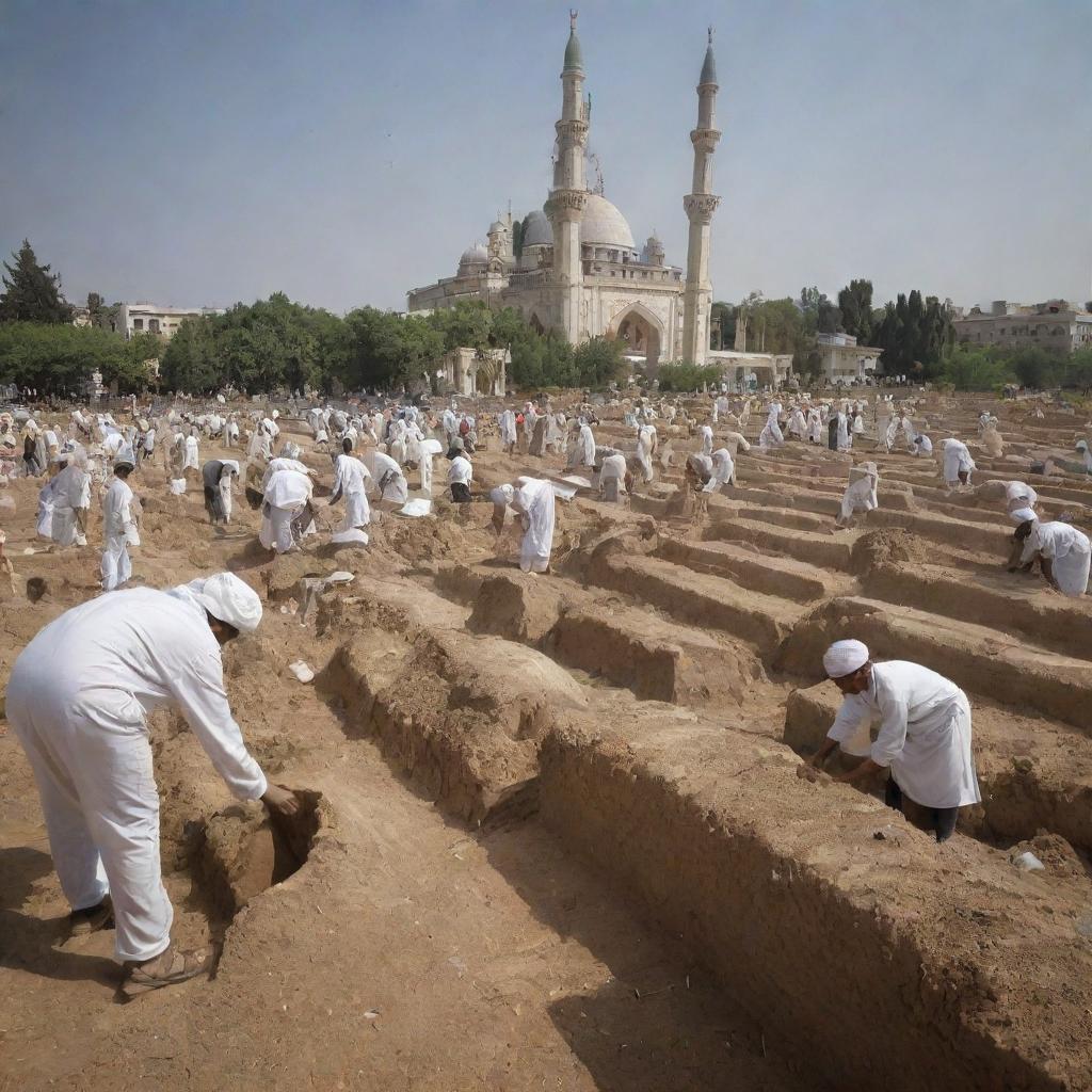 Beneath the towering minarets of the resilient mosque, the Muslim villagers begin to dig graves in the adjacent cemetery. Their actions, filled with sorrow and determination, underline the communal strength during this arduous time