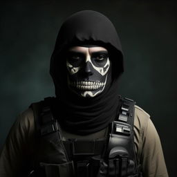 A kidnappers' commander with an open face, decked in black skeleton attire layered over a bullet-proof vest, creating a visually striking and intimidating portrait.