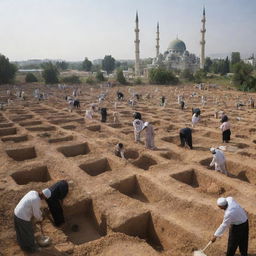 Beneath the towering minarets of the resilient mosque, the Muslim villagers begin to dig graves in the adjacent cemetery. Their actions, filled with sorrow and determination, underline the communal strength during this arduous time