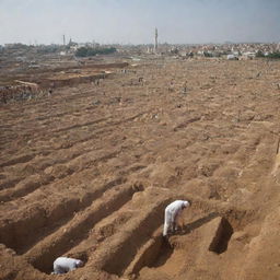 Beneath the towering minarets of the resilient mosque, the Muslim villagers begin to dig graves in the adjacent cemetery. Their actions, filled with sorrow and determination, underline the communal strength during this arduous time