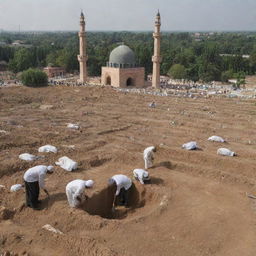 Beneath the towering minarets of the resilient mosque, the Muslim villagers begin to dig graves in the adjacent cemetery. Their actions, filled with sorrow and determination, underline the communal strength during this arduous time