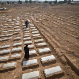 Under the shadow of the mosque, each deceased villager is gently laid to rest in their freshly dug graves. A poignant depicting the community's respect and grieving for their lost members, framed against the backdrop of their resilient faith