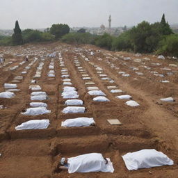 Under the shadow of the mosque, each deceased villager is gently laid to rest in their freshly dug graves. A poignant depicting the community's respect and grieving for their lost members, framed against the backdrop of their resilient faith