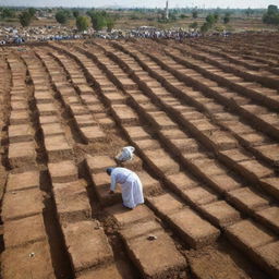 Under the shadow of the mosque, each deceased villager is gently laid to rest in their freshly dug graves. A poignant depicting the community's respect and grieving for their lost members, framed against the backdrop of their resilient faith