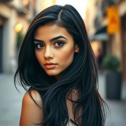 A real girl with striking black hair, looking confidently at the camera with a captivating expression