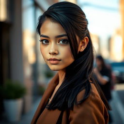A real girl with striking black hair, looking confidently at the camera with a captivating expression