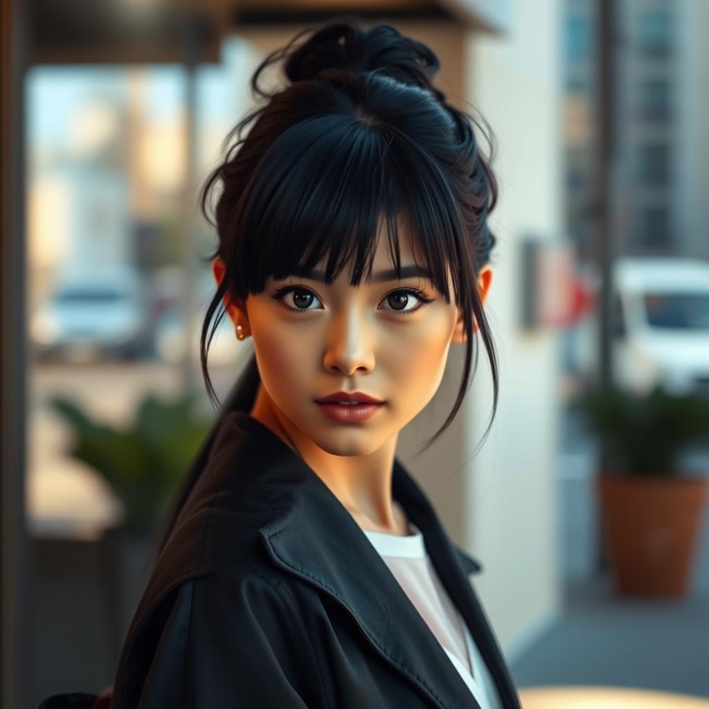 A real girl with striking black hair, looking confidently at the camera with a captivating expression