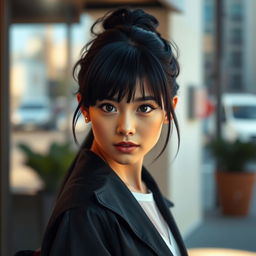 A real girl with striking black hair, looking confidently at the camera with a captivating expression