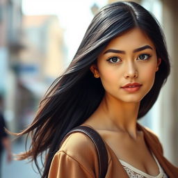 A real girl with striking black hair, looking confidently at the camera with a captivating expression