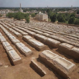 Under the shadow of the mosque, each deceased villager is gently laid to rest in their freshly dug graves. A poignant depicting the community's respect and grieving for their lost members, framed against the backdrop of their resilient faith