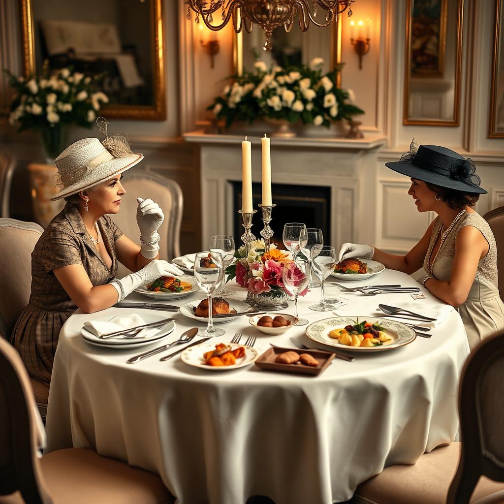 Two women dining elegantly at a fine dining table set in the style of British times