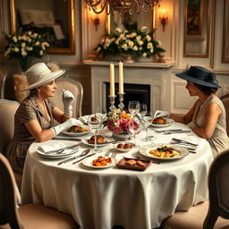 Two women dining elegantly at a fine dining table set in the style of British times