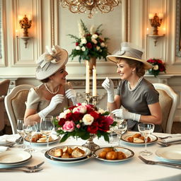 Two women dining elegantly at a fine dining table set in the style of British times