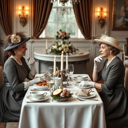 Two women dining elegantly at a fine dining table set in the style of British times
