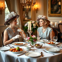 Two women dining elegantly at a fine dining table set in the style of British times