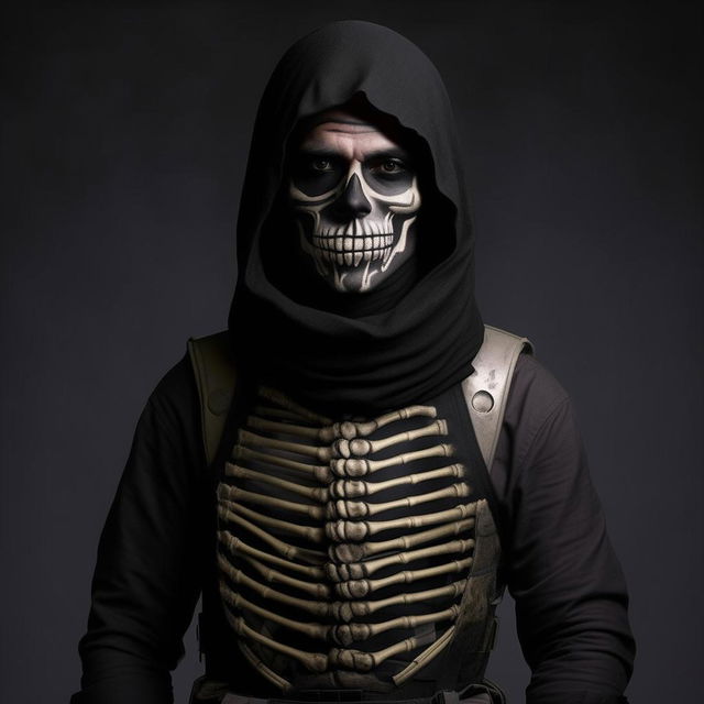 A kidnappers' commander with an open face, decked in black skeleton attire layered over a bullet-proof vest, creating a visually striking and intimidating portrait.