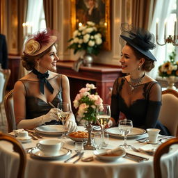 Two young women enjoying a lavish meal at a fine dining table set in the style of British times