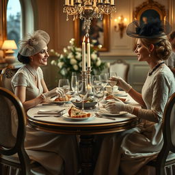 Two young women enjoying a lavish meal at a fine dining table set in the style of British times