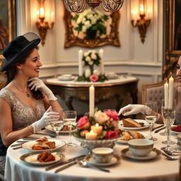 Two young women enjoying a lavish meal at a fine dining table set in the style of British times