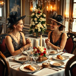 Two young women enjoying a lavish meal at a fine dining table set in the style of British times
