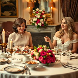 A medium-haired woman and a long-haired woman elegantly dining at a beautifully set fine dining table in a British times setting